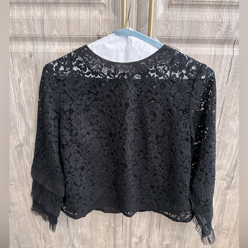 NWOT J. Crew long sleeve black lace top with voile ruffle detailing size Large